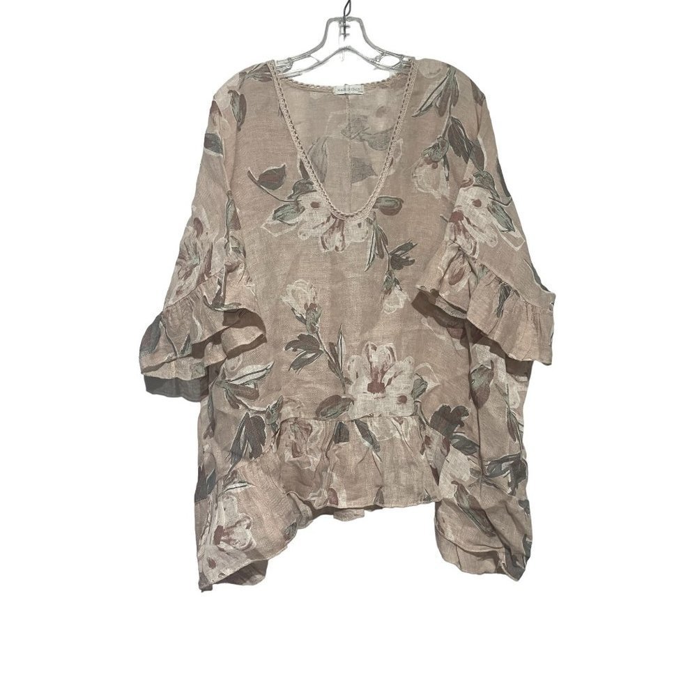 Made In Italy Women's Deep V-Neck Ruffled Short Sleeves Floral Blouse Brown XXL